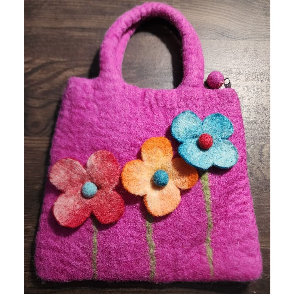 BNB 100% Wool Felted Pink Floral Handbag Purse